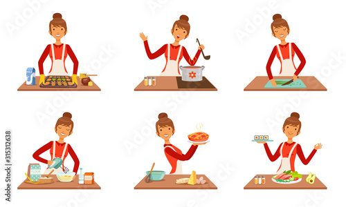 Young Cheerful Woman Cooking and Baking at Home Set, Housewife Preparing Food in the Kitchen Vector Illustration