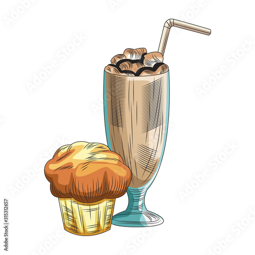 muffin and chocolate milkshake icon, colorful design