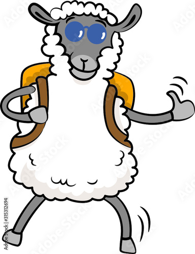 A happy hitchhiker sheep with sunglasses