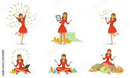 Beautiful Happy Rich Woman Set, Girl Millionaire Character in Red Dress with a Lot of Money Money, Financial Success Vector Illustration