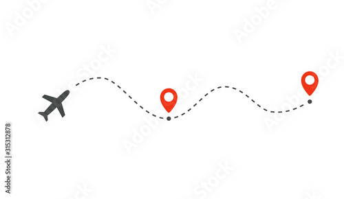 Plane path with location pins vector illustration. Path to location by plane, tourism way, route flight