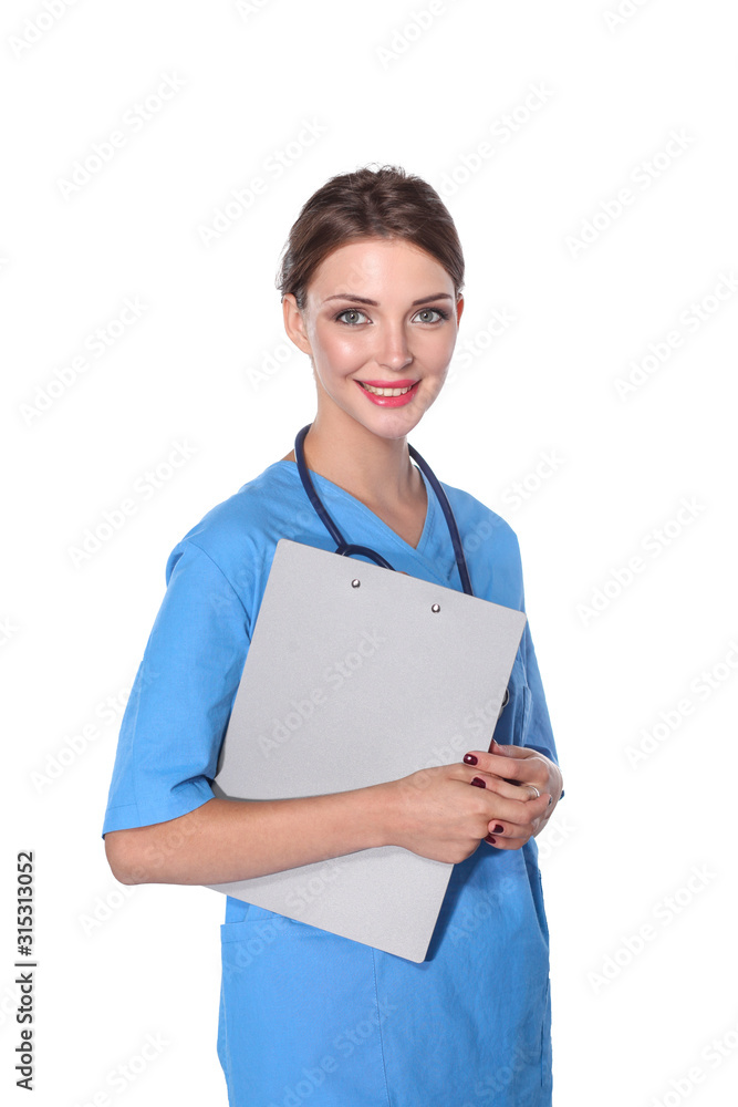 A female doctor with a folder, standing isolated on white background A female doctor with a folder, standing isolated on white background