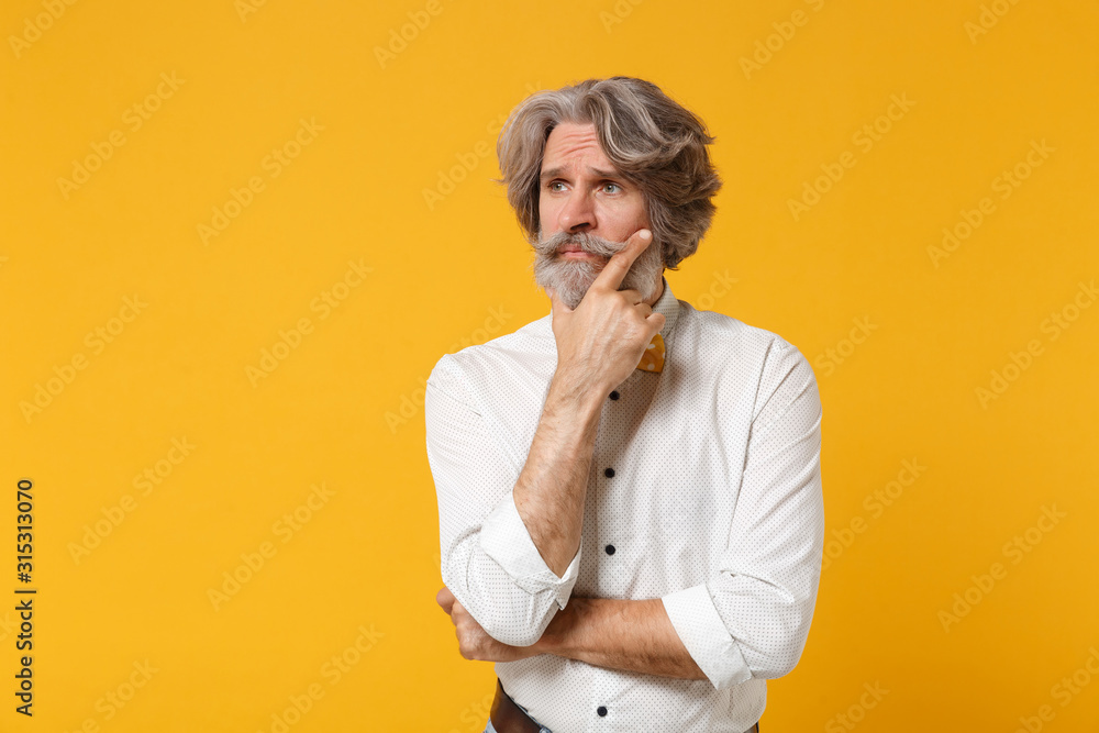 Pensive displeased elderly gray-haired mustache bearded man in white shirt bow tie posing isolated on yellow orange background. People lifestyle concept. Mock up copy space. Put hand prop up on chin. Pensive displeased elderly gray-haired mustache bearded man in white shirt bow tie posing isolated on yellow orange background. People lifestyle concept. Mock up copy space. Put hand prop up on chin.