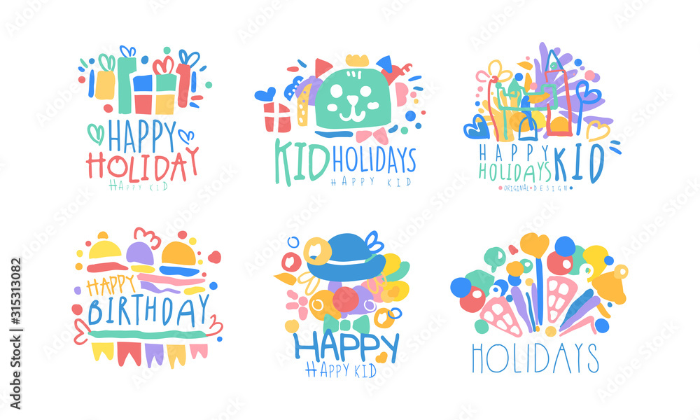 Happy Kids Holday Labels Design Collection, Happy Birthday Colorful Hand Drawn Templates Vector Illustration