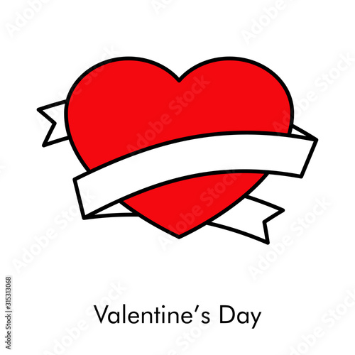 Día de san Valentín. Icono plano corazón con cinta para mensaje con color rojo 