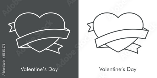 Día de san Valentín. Icono plano corazón con cinta para mensaje en fondo gris y fondo blanco