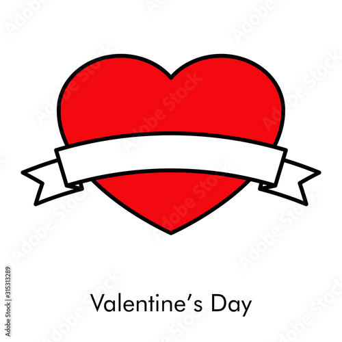 Día de san Valentín. Icono plano corazón con cinta para mensaje con color rojo 