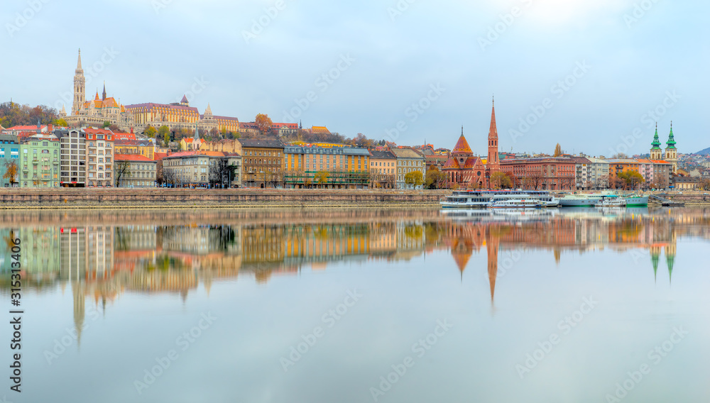 View of Budapest skyline, reflection on the Danube river, Hungary