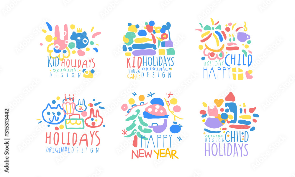 Kid Holdays Labels Original Design Collection, Happy New Year Colorful Hand Drawn Templates Vector Illustration