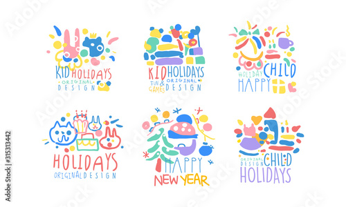 Kid Holdays Labels Original Design Collection, Happy New Year Colorful Hand Drawn Templates Vector Illustration © topvectors