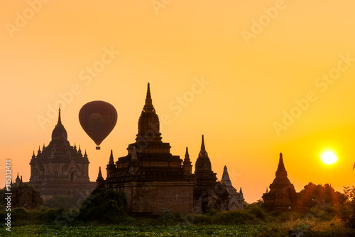 The Temple of Bagan at sunset with hot air balloon, Mandalay province, Myanmar,