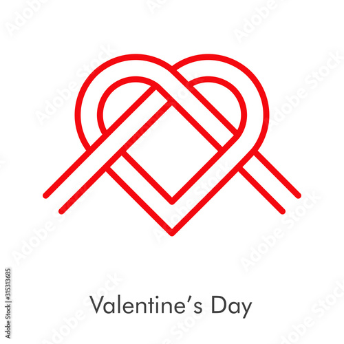 Día de san Valentín. Icono plano lineal nudo en forma de corazón en color rojo