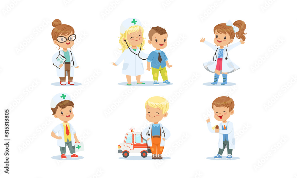 Cute Kids Playing Doctors Set, Adorable Boys and Girls in White Coats Examining and Treating their Patients Vector Illustration