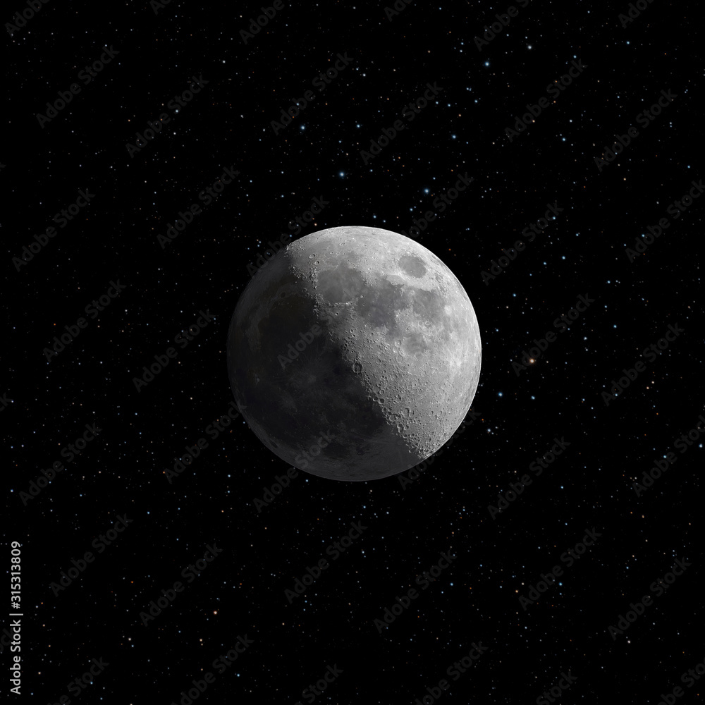 Composition of a half illuminated Moon and the earthshine with colorful stars and visible Moon craters Composition of a half illuminated Moon and the earthshine with colorful stars and visible Moon craters