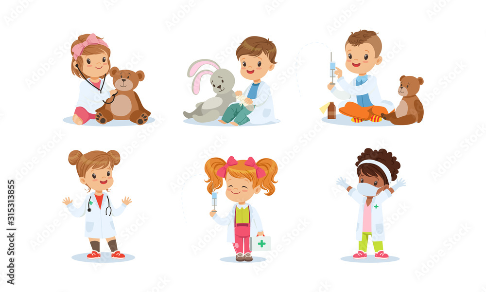 Cute Kids Playing Doctors Set, Boys and Girls in White Coats Examining and Treating their Patients Vector Illustration