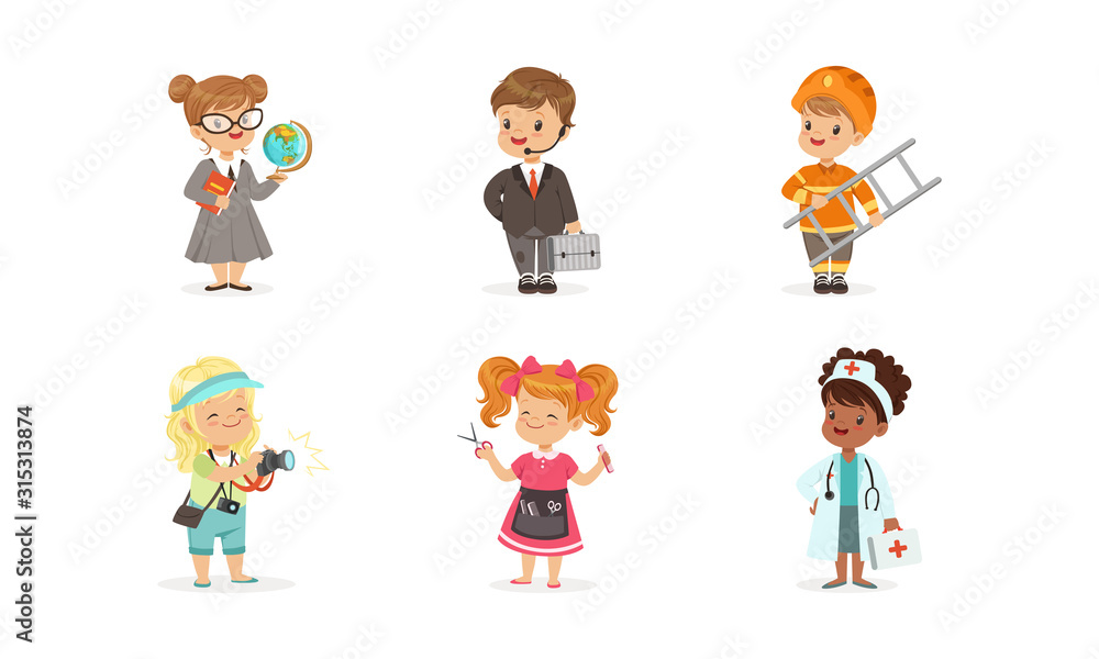 Cute Kids of Various Professions Set, Teacher, Businessman, Fireman, Photographer, Hairdresser, Doctor Vector Illustration