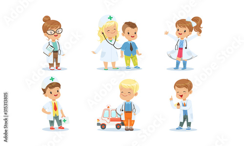 Cute Kids Playing Doctors Set, Adorable Boys and Girls in White Coats Examining and Treating their Patients Vector Illustration