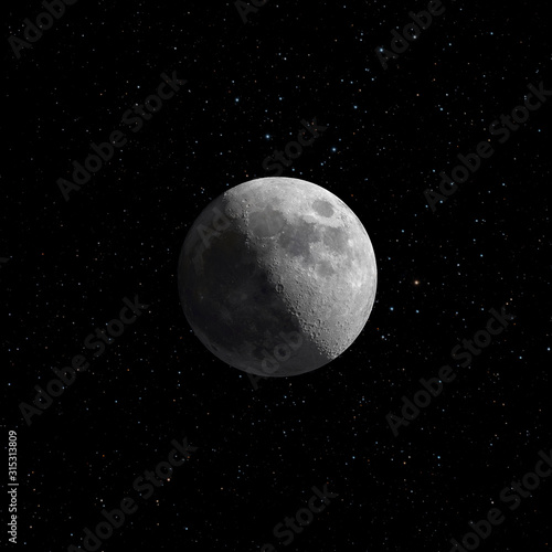 Composition of a half illuminated Moon and the earthshine with colorful stars and visible Moon craters