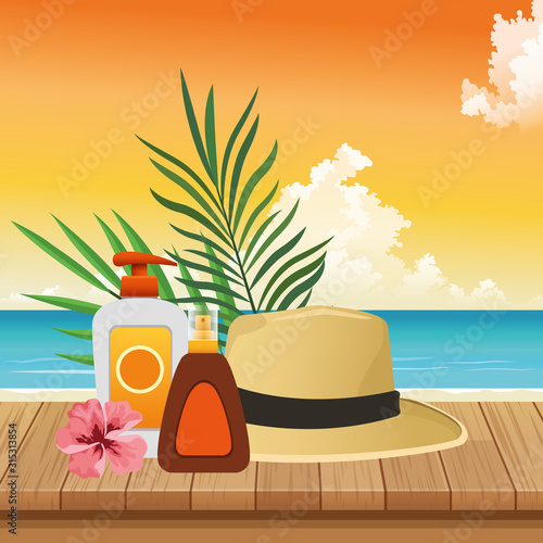 summer time in beach vacations sun bronzer and sunblock spray hat flower leaves