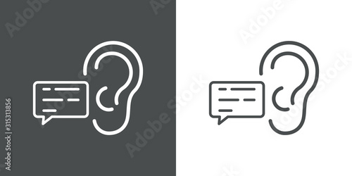 Icono plano lineal oreja con burbuja de habla en fondo gris y fondo blanco