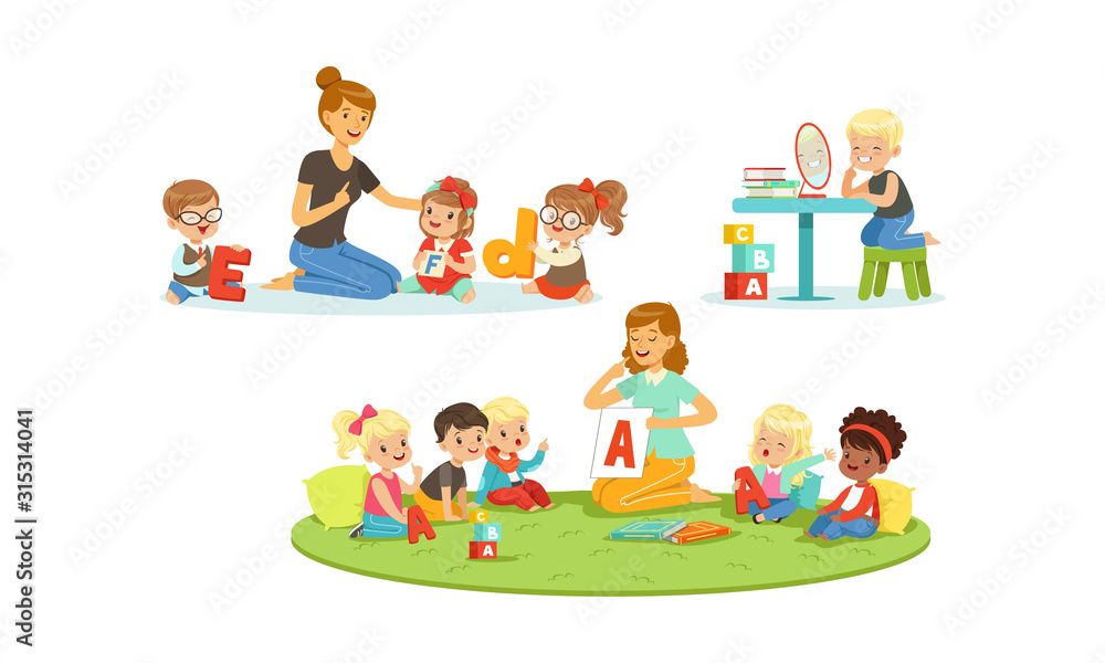 Speech Therapist working with Children, Teacher Explaining Alphabet to Kids, Boys and Girls Playing and Studying in Kindergarten or School Vector Illustration Speech Therapist working with Children, Teacher Explaining Alphabet to Kids, Boys and Girls Playing and Studying in Kindergarten or School Vector Illustration