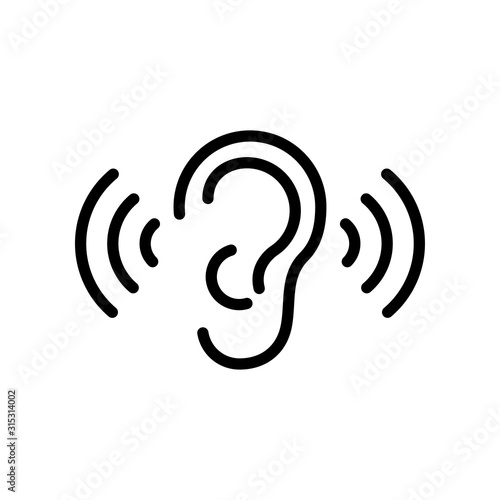 Icono plano lineal oreja con ondas de sonido en color negro