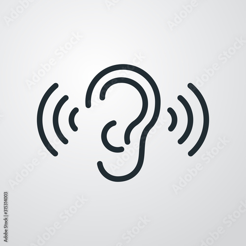Icono plano lineal oreja con ondas de sonido en fondo gris
