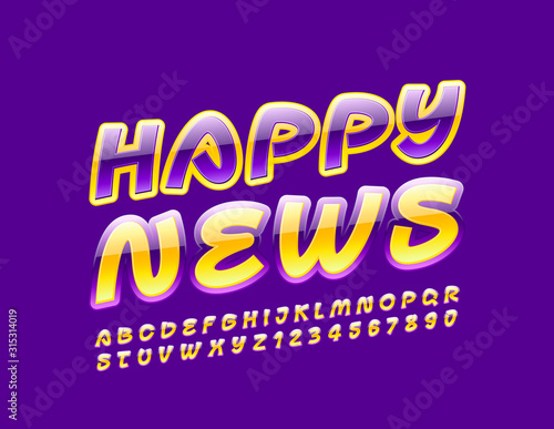 Vector colorful Emblem Happy News. Bright Glossy Font. Creative Alphabet Letters and Numbers.