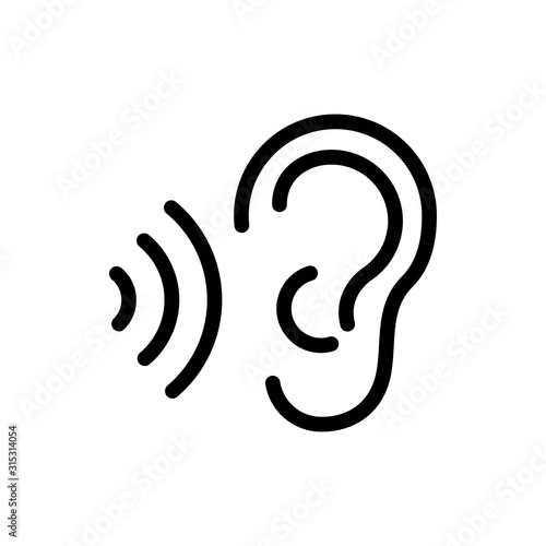 Icono plano lineal oreja con ondas de sonido en color negro