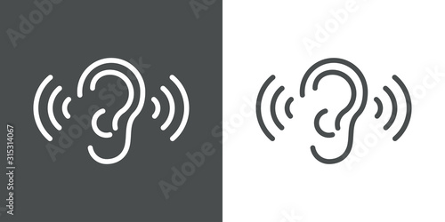 Icono plano lineal oreja con ondas de sonido en fondo gris y fondo blanco photo