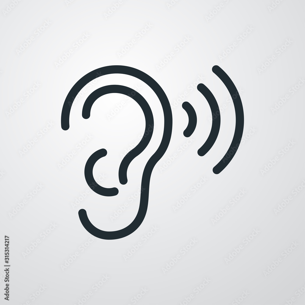 Icono plano lineal oreja con ondas de sonido en fondo gris Icono plano lineal oreja con ondas de sonido en fondo gris