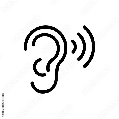 Icono plano lineal oreja con ondas de sonido en color negro