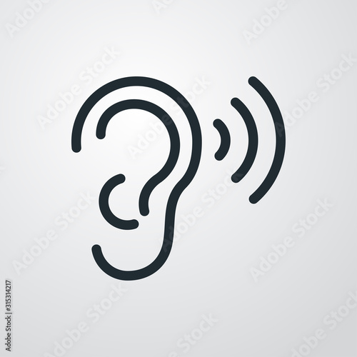 Icono plano lineal oreja con ondas de sonido en fondo gris