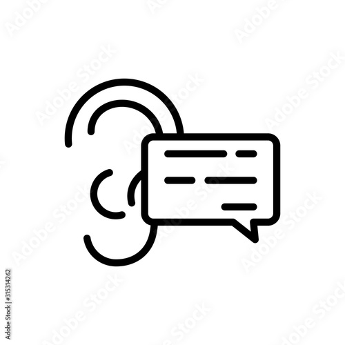 Icono plano lineal oreja con burbuja de habla en color negro