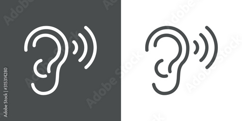 Icono plano lineal oreja con ondas de sonido en fondo gris y fondo blanco