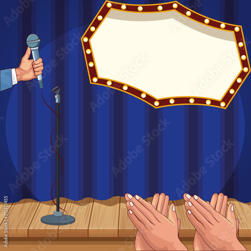 hand with microphone applauses billboard stage stand up comedy show