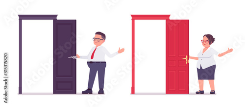 Fat male, female clerk standing at open door. Heavy middle aged business people, office manager, civil service worker, typical employee in plus size formal wear. Vector flat style cartoon illustration