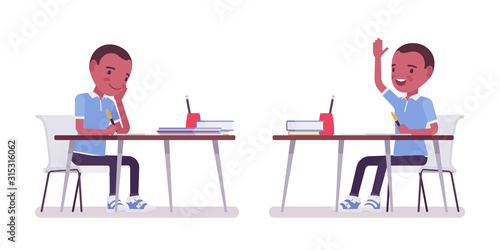 Black school boy in casual wear studying at the desk, raise hand to speak. Cute small guy, active young kid, smart elementary pupil aged between 7, 9 year old. Vector flat style cartoon illustration