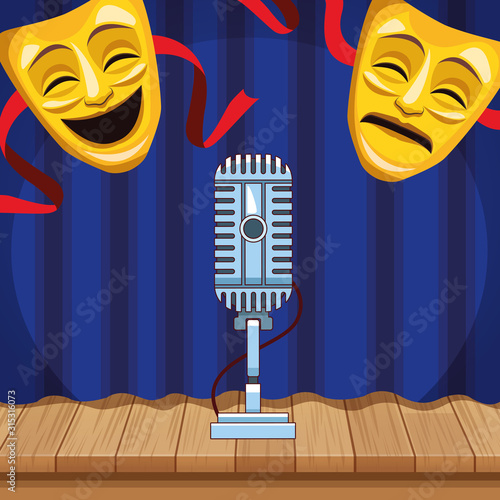 theatrical masks microphone curtain wooden floor stand up comedy show