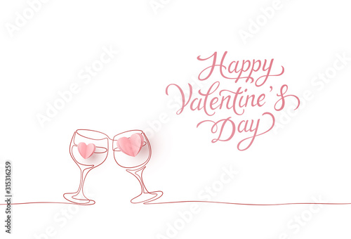 Happy Valentine's Day greeting card design. Continuous one line drawing and paper hearts on pink background. Vector love postcard with glasses of wine..