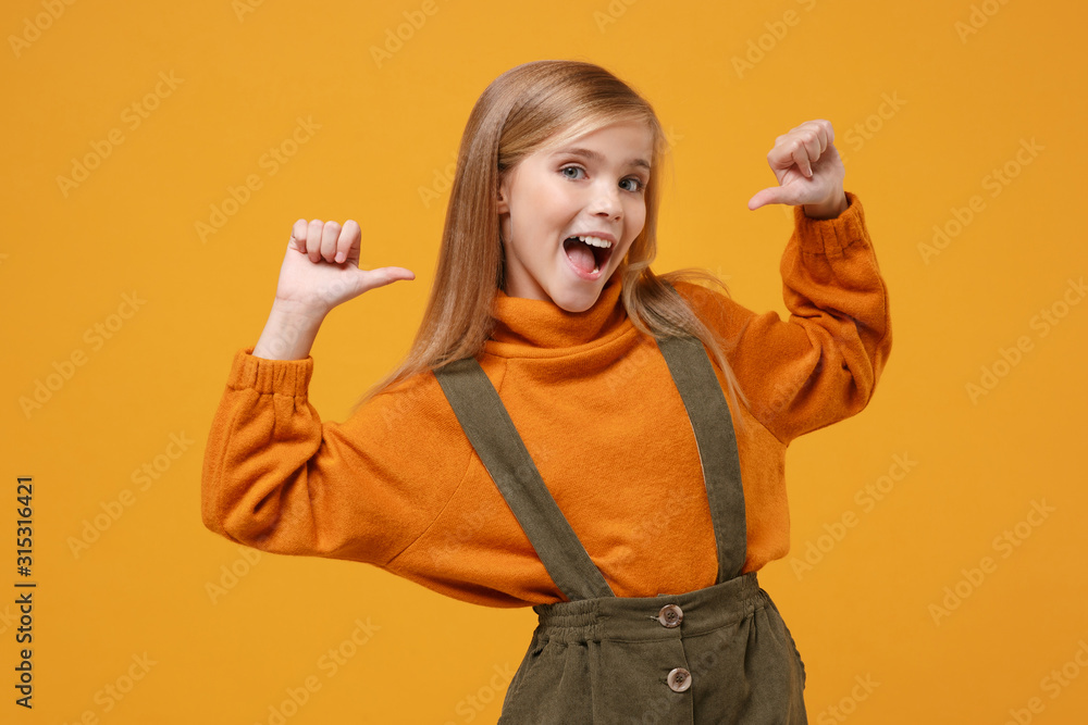 Cheerful little blonde kid girl 12 13 years old in turtleneck