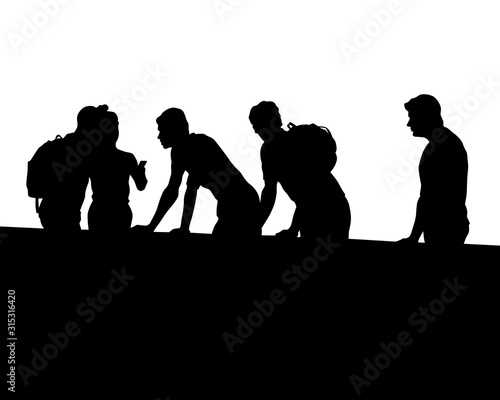 Men and women with backpacks at stone parapet. Isolated silhouettes of people on a white background
