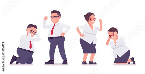 Fat male, female clerk, negative emotion. Unhappy heavy middle age business people, office manager, civil service worker, typical employee plus size formal wear. Vector flat style cartoon illustration