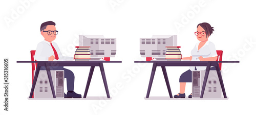 Fat male and female clerk working with computer, sitting at desk. Heavy middle aged business people, office manager and civil service worker, typical employee. Vector flat style cartoon illustration
