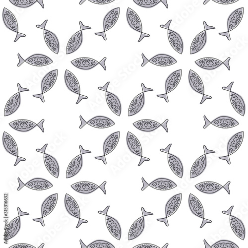Seamless pattern with hand drawn fishes, doodle style. Silhouettes and contours, vector illustration on white background