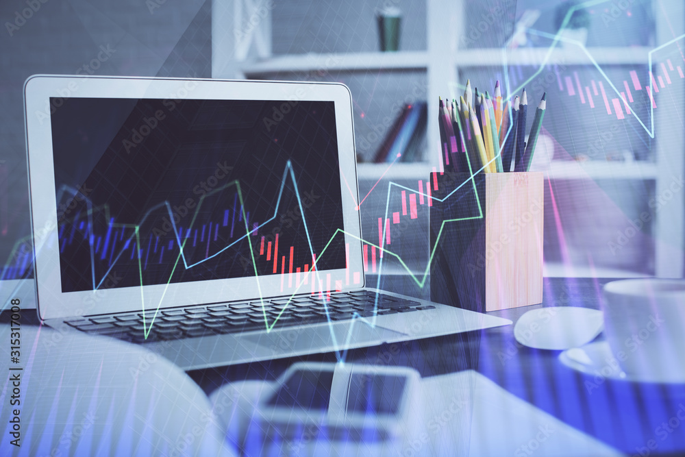 Stock market graph on background with desk and personal computer. Multi exposure. Concept of financial analysis. Stock market graph on background with desk and personal computer. Multi exposure. Concept of financial analysis.