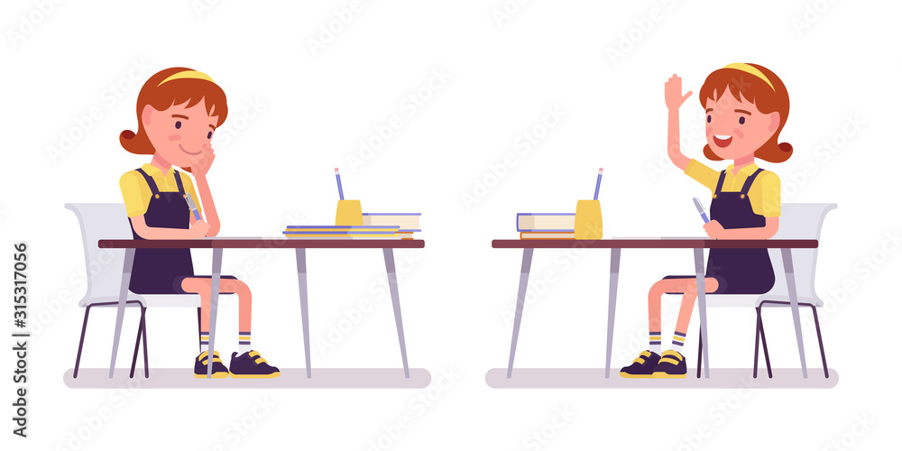 School girl studying at the desk, raise hand to speak. Cute small lady in a pinafore dress, active young kid, smart elementary pupil aged between 7, 9 years old. Vector flat style cartoon illustration