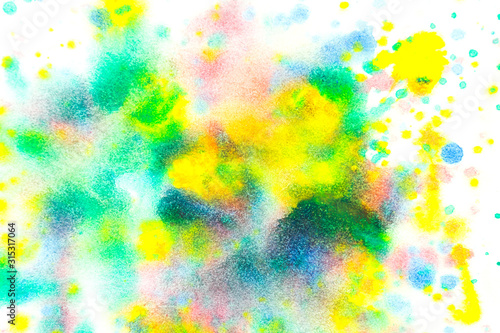 Multi color watercolor on white background.The color splashing in the paper.It is a hand drawn. For text  element for decoration.