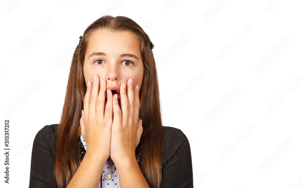 scared teen girl covering her mouth with hands scared teen girl covering her mouth with hands