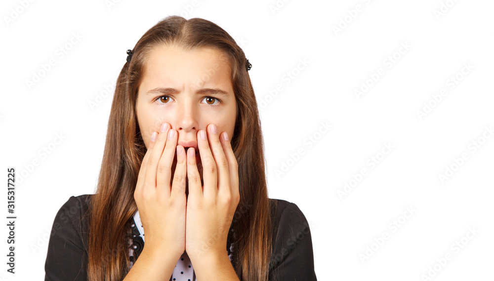 indignant teen girl covering her mouth with her hands indignant teen girl covering her mouth with her hands